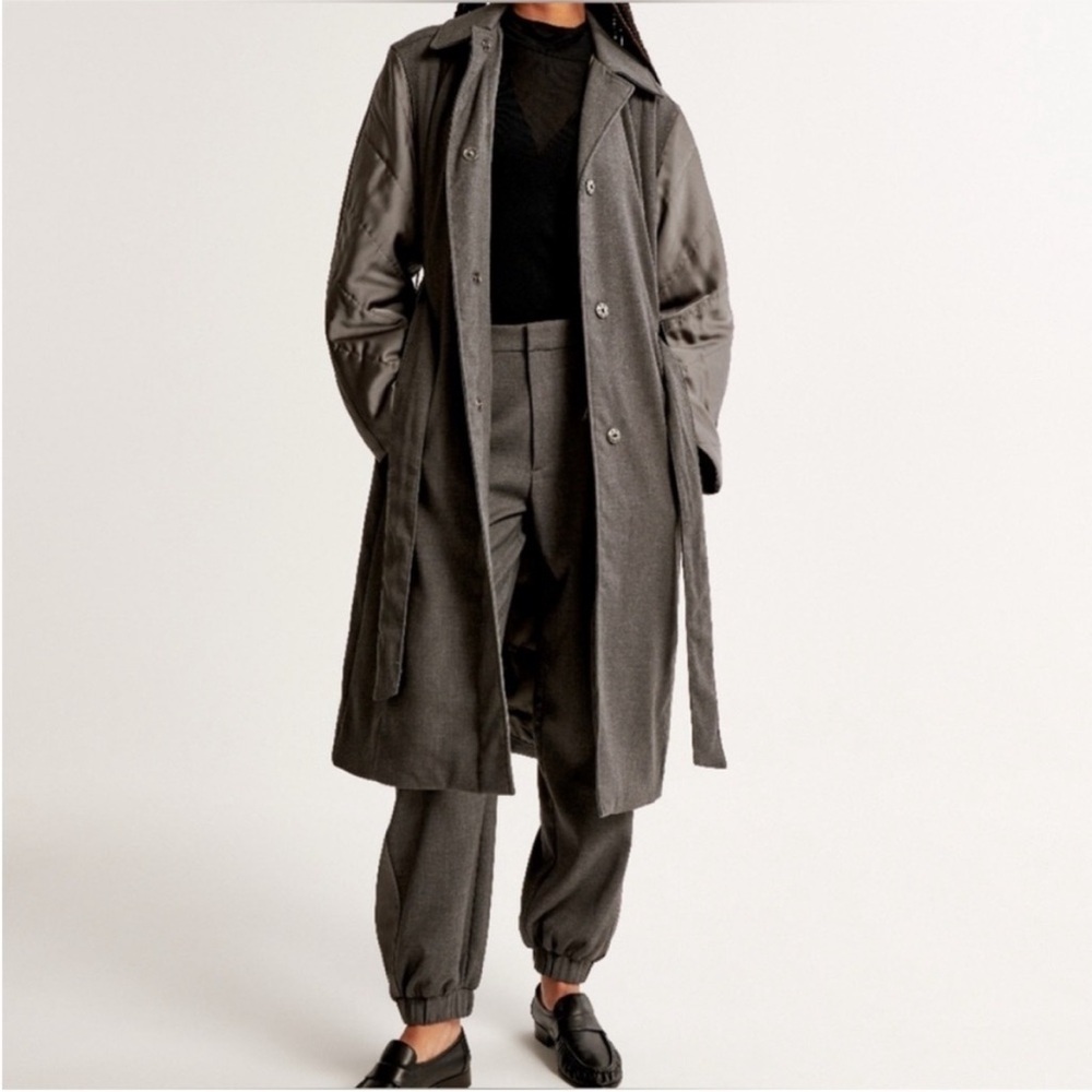 Abercrombie x Nicole Benefield HFR Trench Coat Gray Size L chic fall 90s preppy
